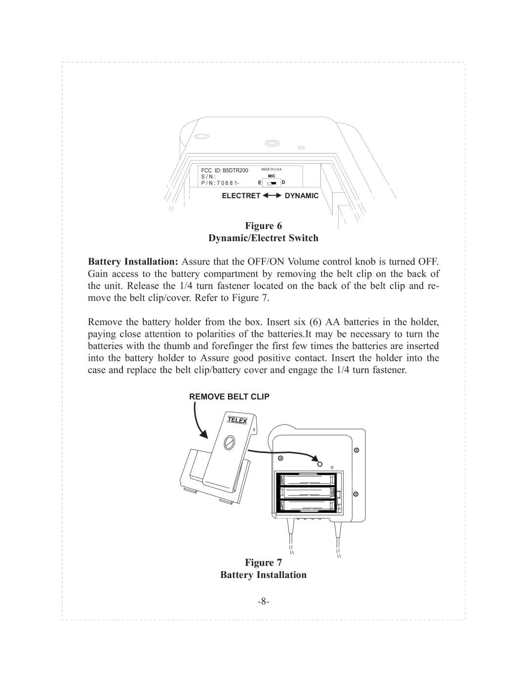 Telex tr-200p operating instructions Dynamic/Electret Switch, Battery Installation 