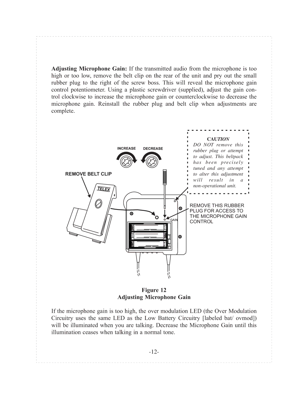 Telex tr-200p operating instructions Adjusting Microphone Gain 