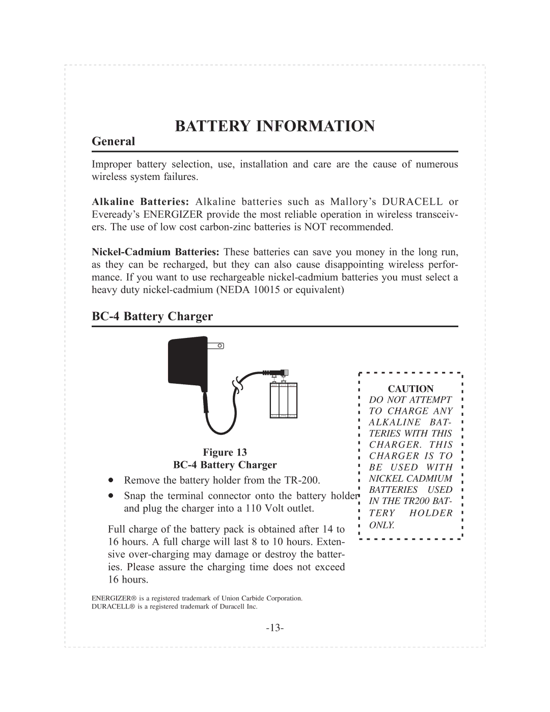 Telex tr-200p operating instructions Battery Information, General, BC-4 Battery Charger 