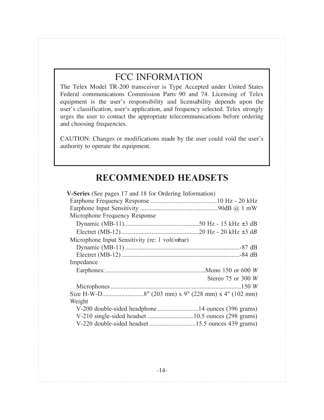 Telex tr-200p FCC Information, Recommended Headsets, SeriesSee pages 17 and 18 for Ordering Information 