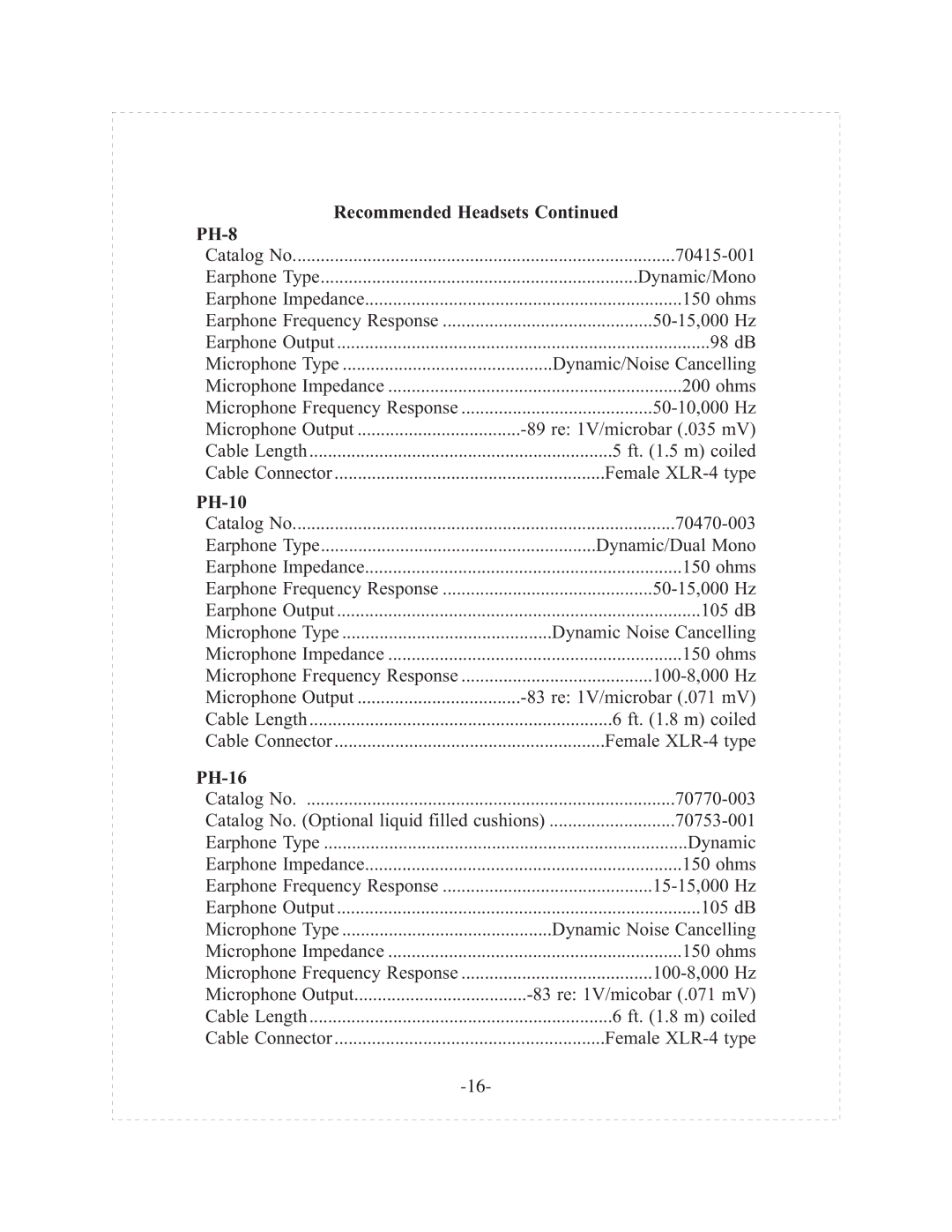 Telex tr-200p operating instructions Recommended Headsets PH-8, PH-10, PH-16 