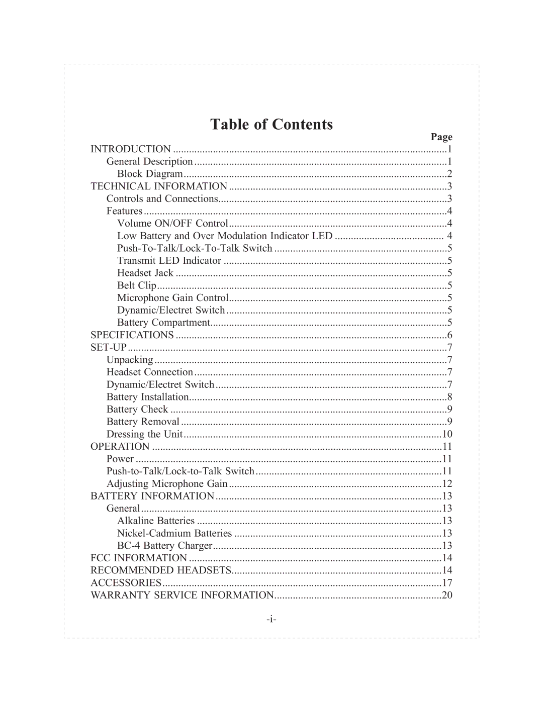 Telex tr-200p operating instructions Table of Contents 