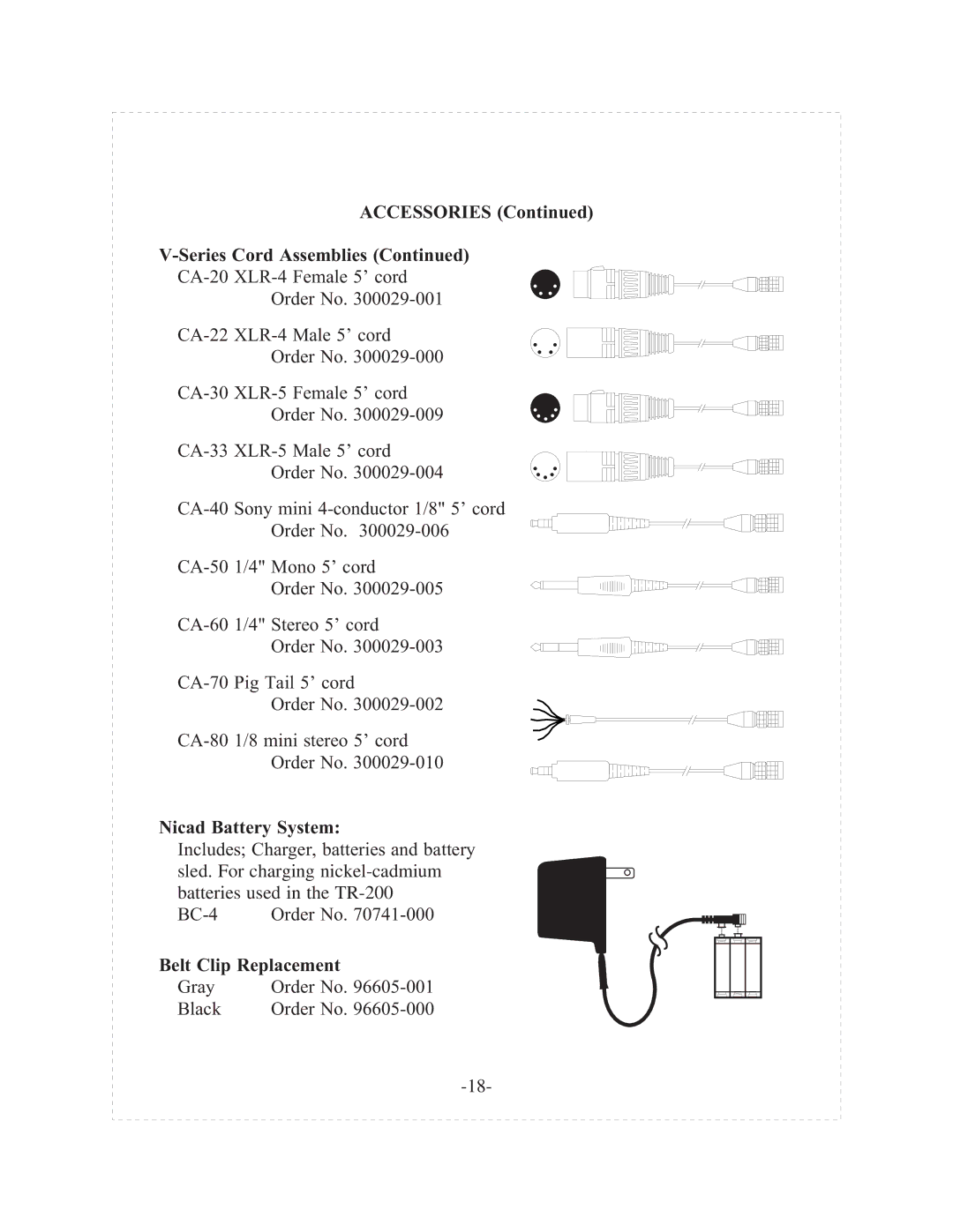 Telex tr-200p operating instructions Accessories Series Cord Assemblies, Nicad Battery System, Belt Clip Replacement 