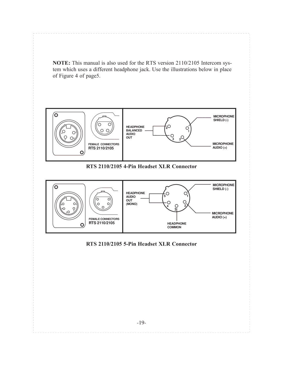 Telex tr-200p operating instructions RTS 2110/2105 4-Pin Headset XLR Connector, RTS 2110/2105 5-Pin Headset XLR Connector 