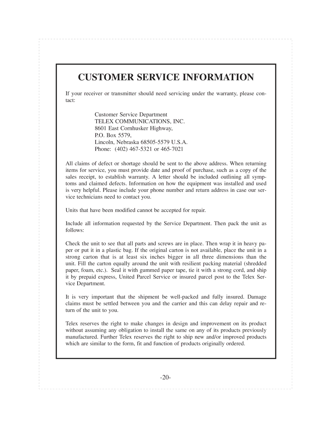 Telex tr-200p operating instructions Customer Service Information 