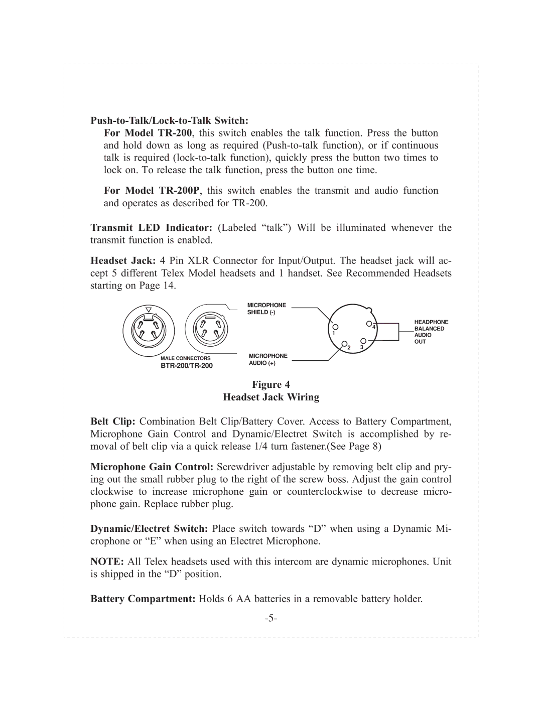 Telex tr-200p operating instructions Push-to-Talk/Lock-to-Talk Switch, Headset Jack Wiring 