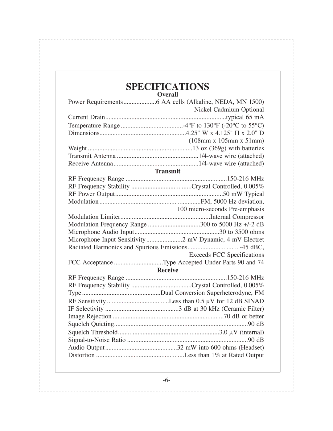 Telex tr-200p operating instructions Specifications, Overall, Transmit 