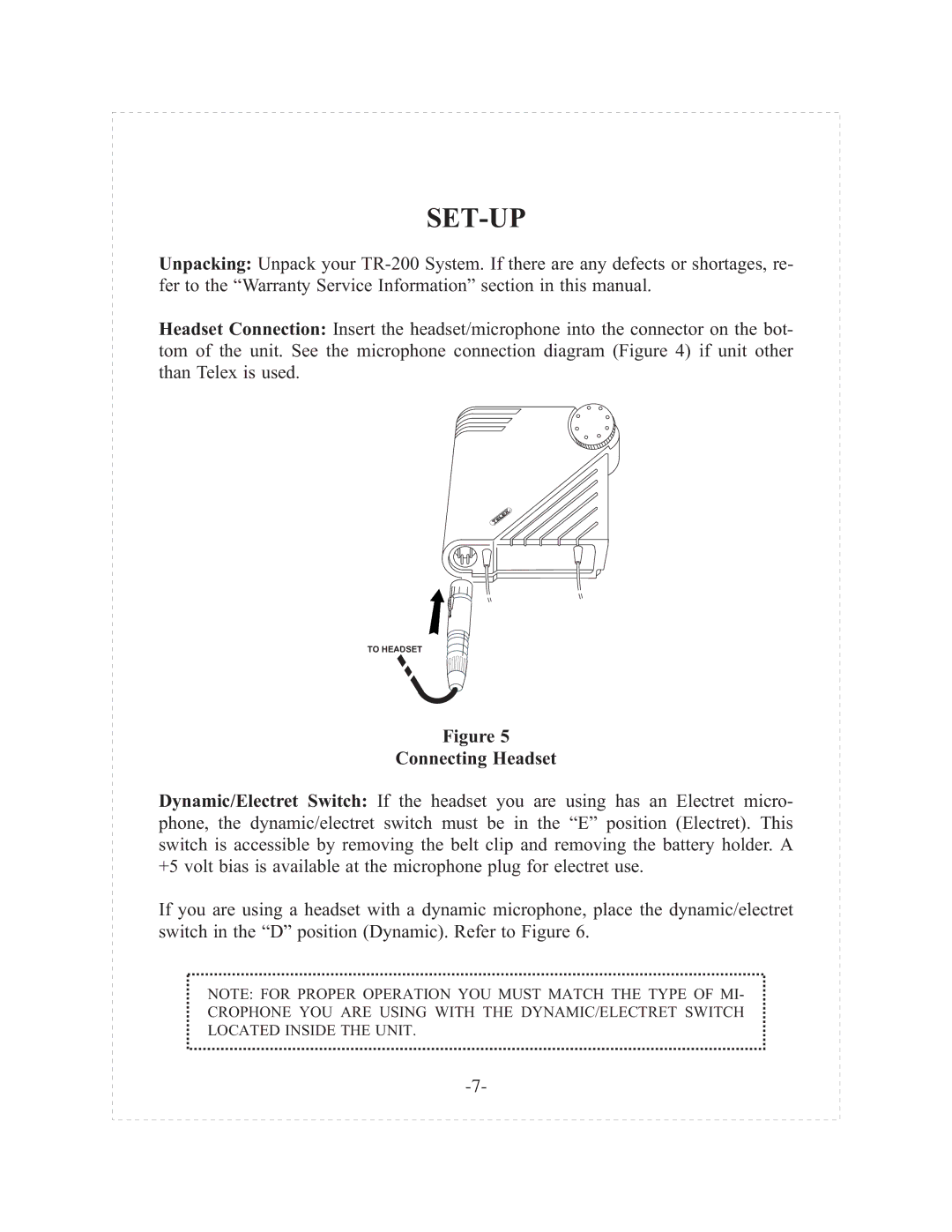 Telex tr-200p operating instructions Set-Up, Connecting Headset 