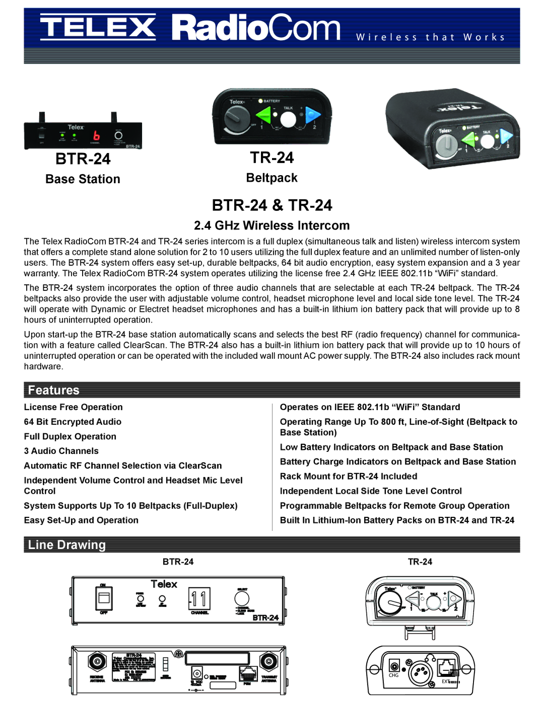 Telex warranty BTR-24 & TR-24, Features, Line Drawing 