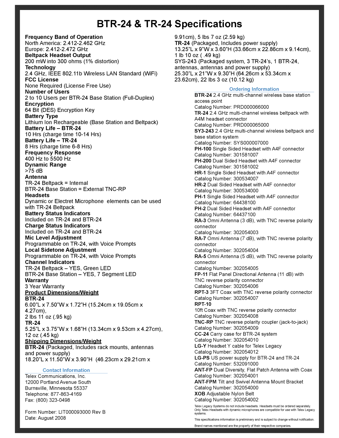 Telex warranty BTR-24 & TR-24 Specifications 