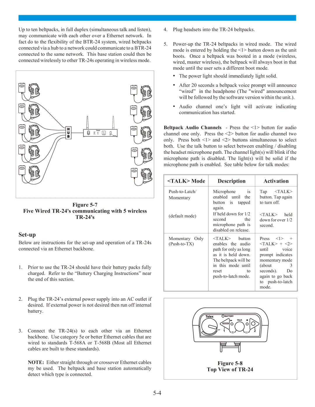 Telex BTR-24 manual Set-up, Five Wired TR-24s communicating with 5 wireless 