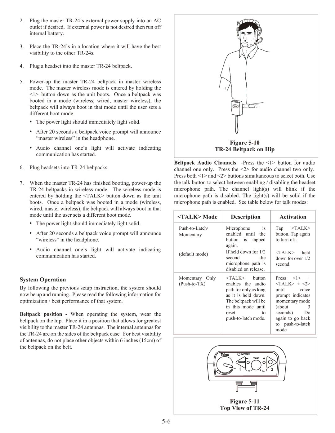 Telex BTR-24 manual System Operation, TR-24 Beltpack on Hip 