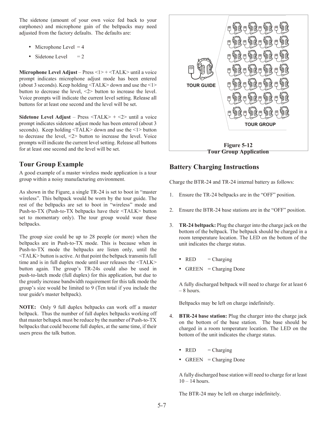 Telex BTR-24 manual Tour Group Example, Battery Charging Instructions 