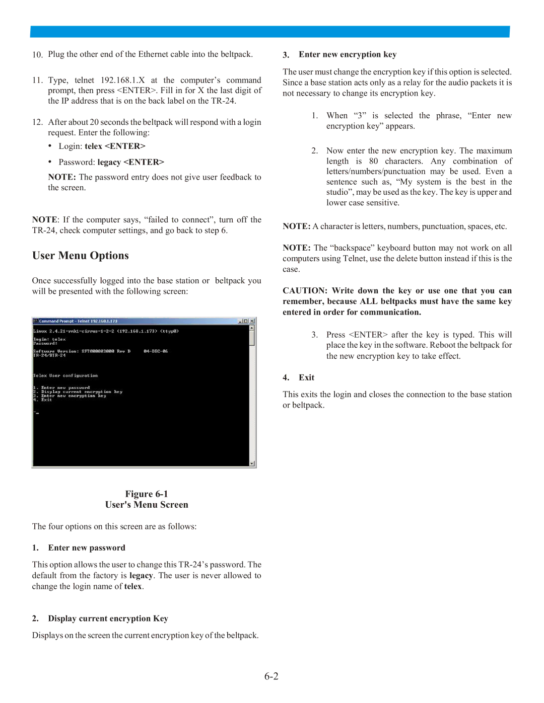 Telex BTR-24 manual User Menu Options, Users Menu Screen 