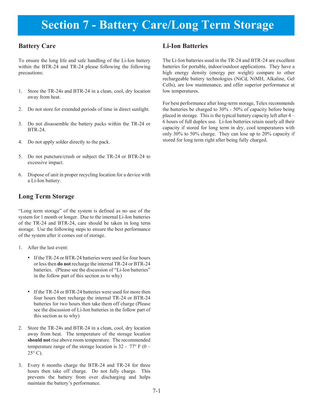 Telex BTR-24 manual Battery Care/Long Term Storage, Li-Ion Batteries 