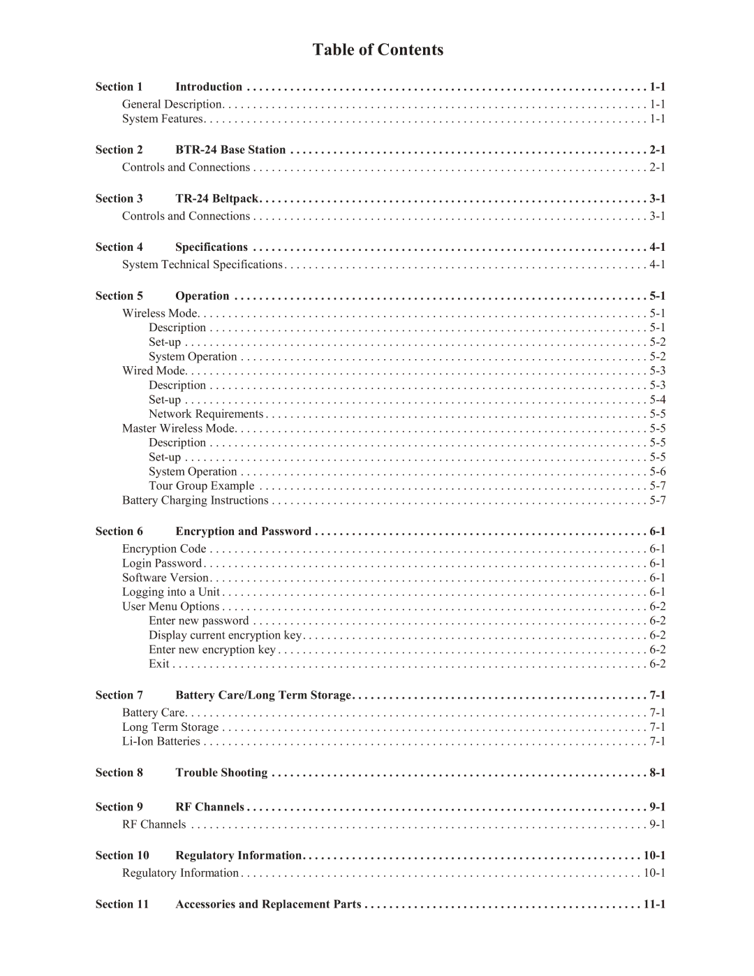 Telex BTR-24 manual Table of Contents 