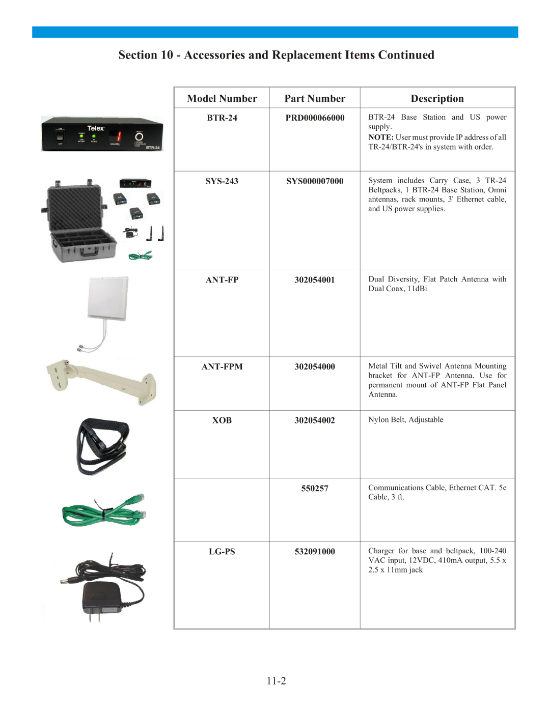 Telex manual Accessories and Replacement Items, BTR-24, SYS-243 