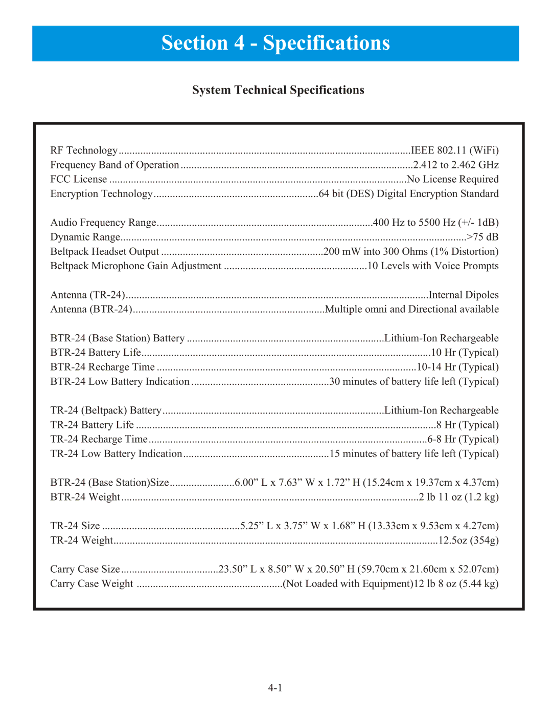 Telex BTR-24 manual System Technical Specifications 