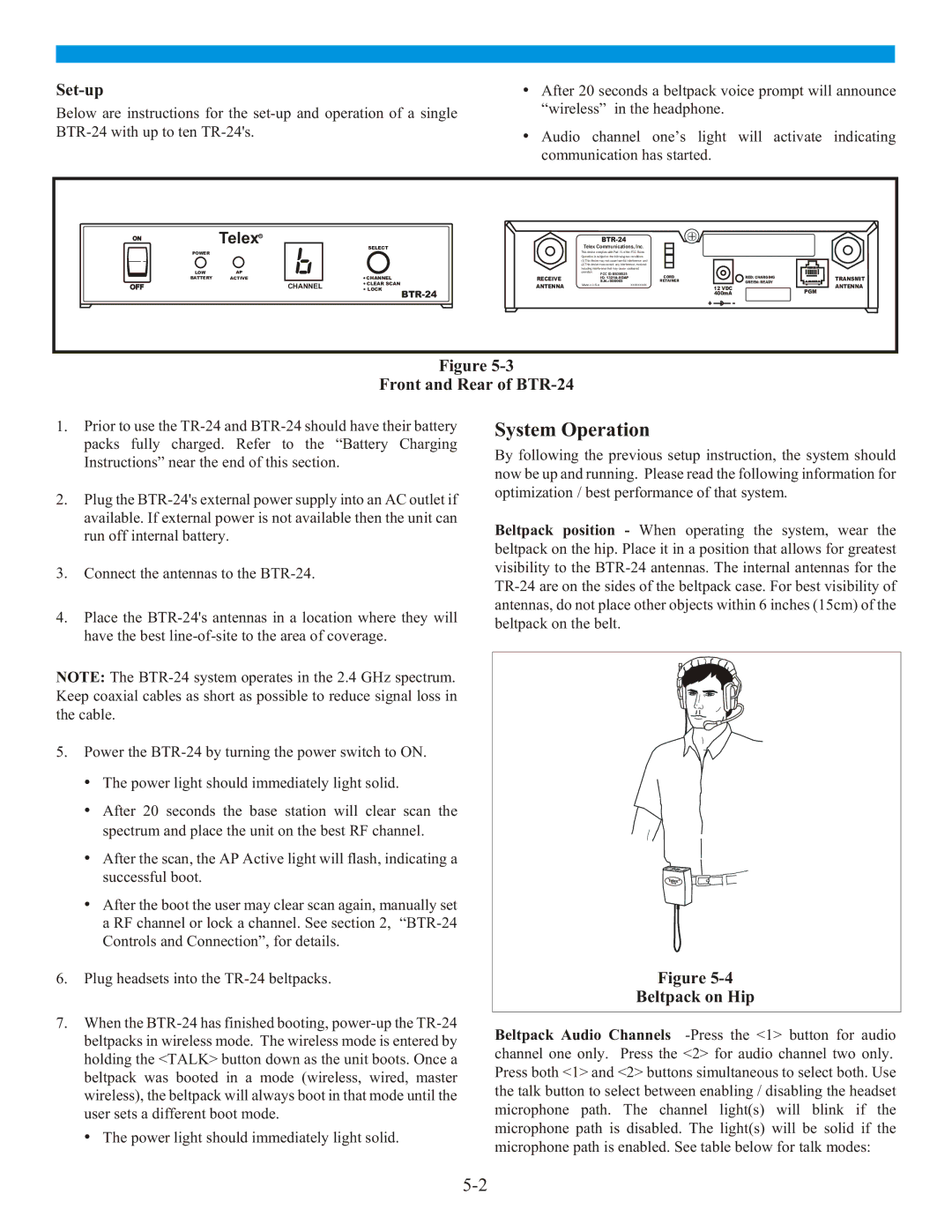 Telex manual System Operation, Set-up, Front and Rear of BTR-24 