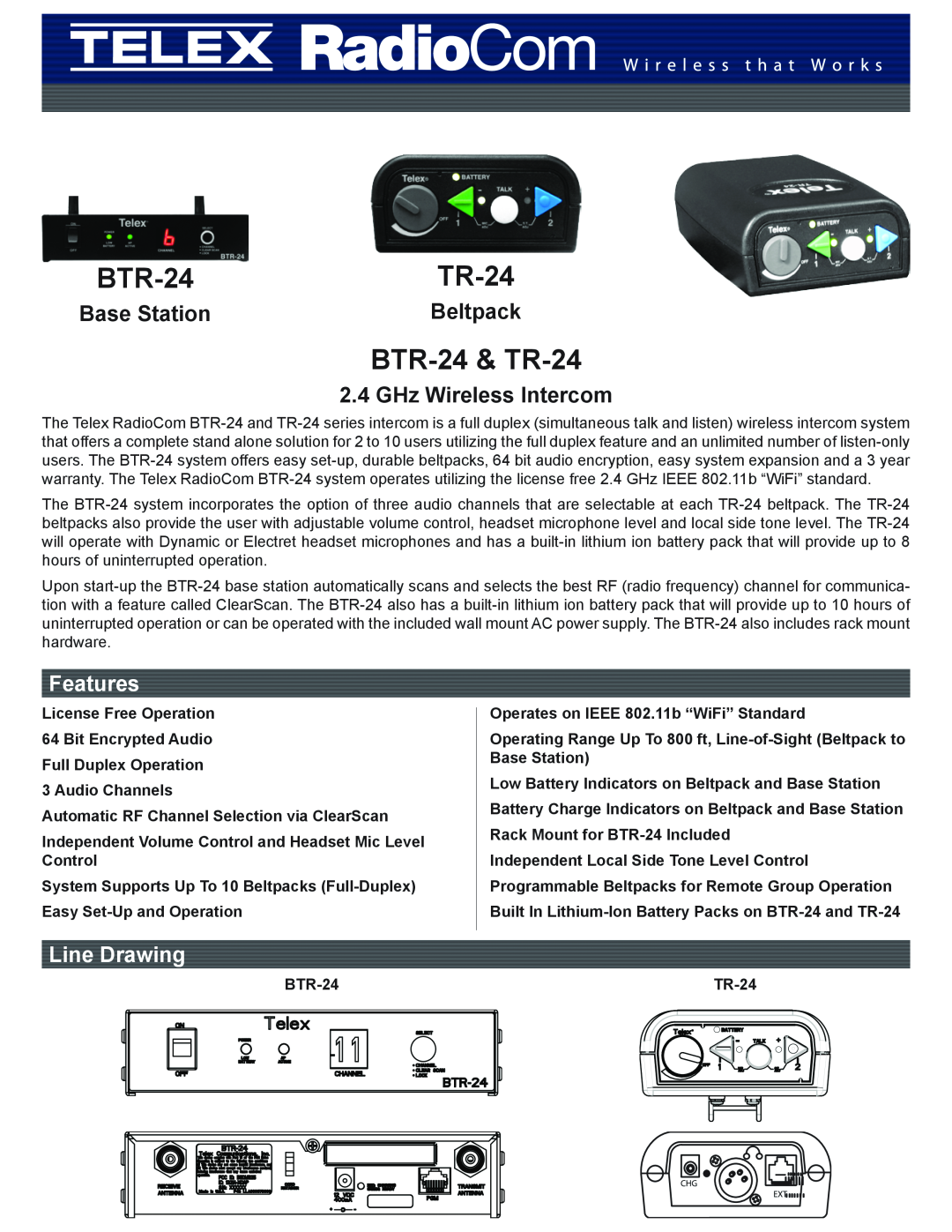 Telex warranty BTR-24 & TR-24, Features, Line Drawing, Base Station, Beltpack, GHz Wireless Intercom 