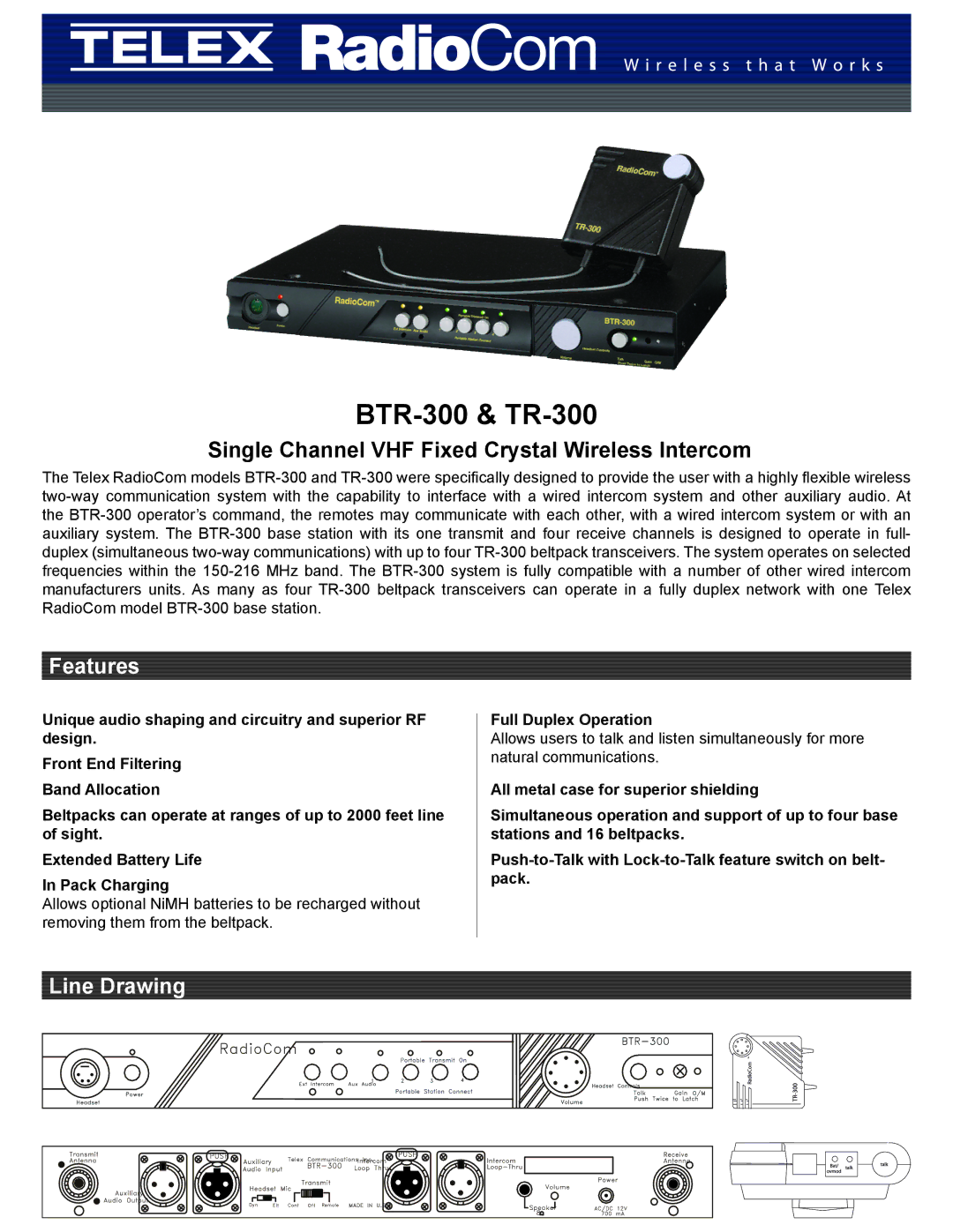 Telex manual BTR-300 & TR-300, Single Channel VHF Fixed Crystal Wireless Intercom, Features, Line Drawing 