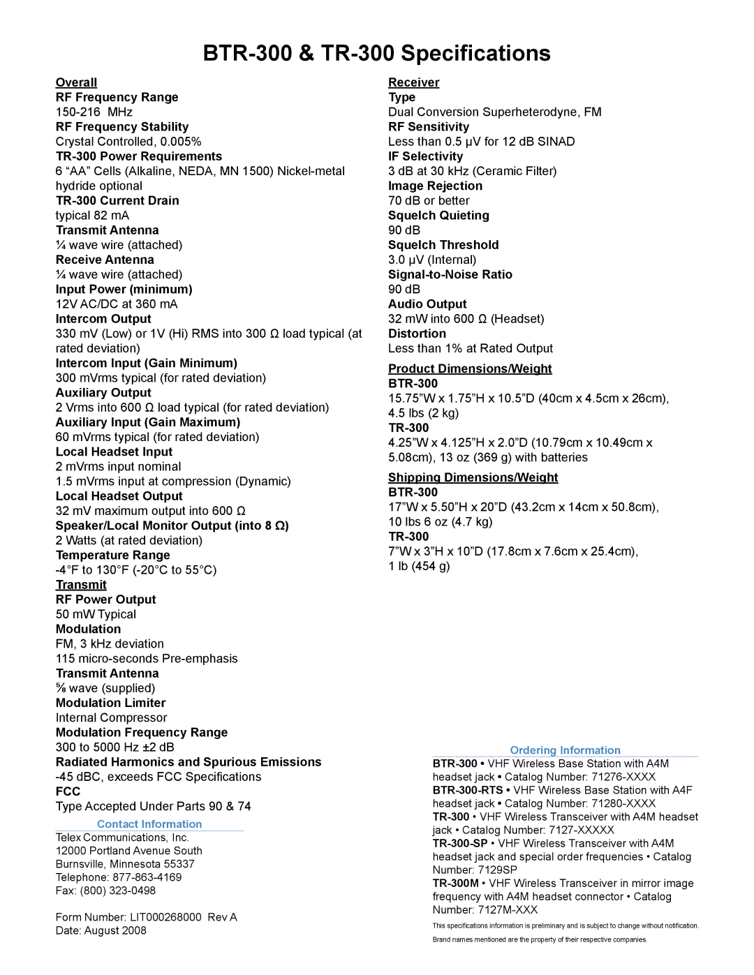 Telex manual BTR-300 & TR-300 Specifications, Fcc 