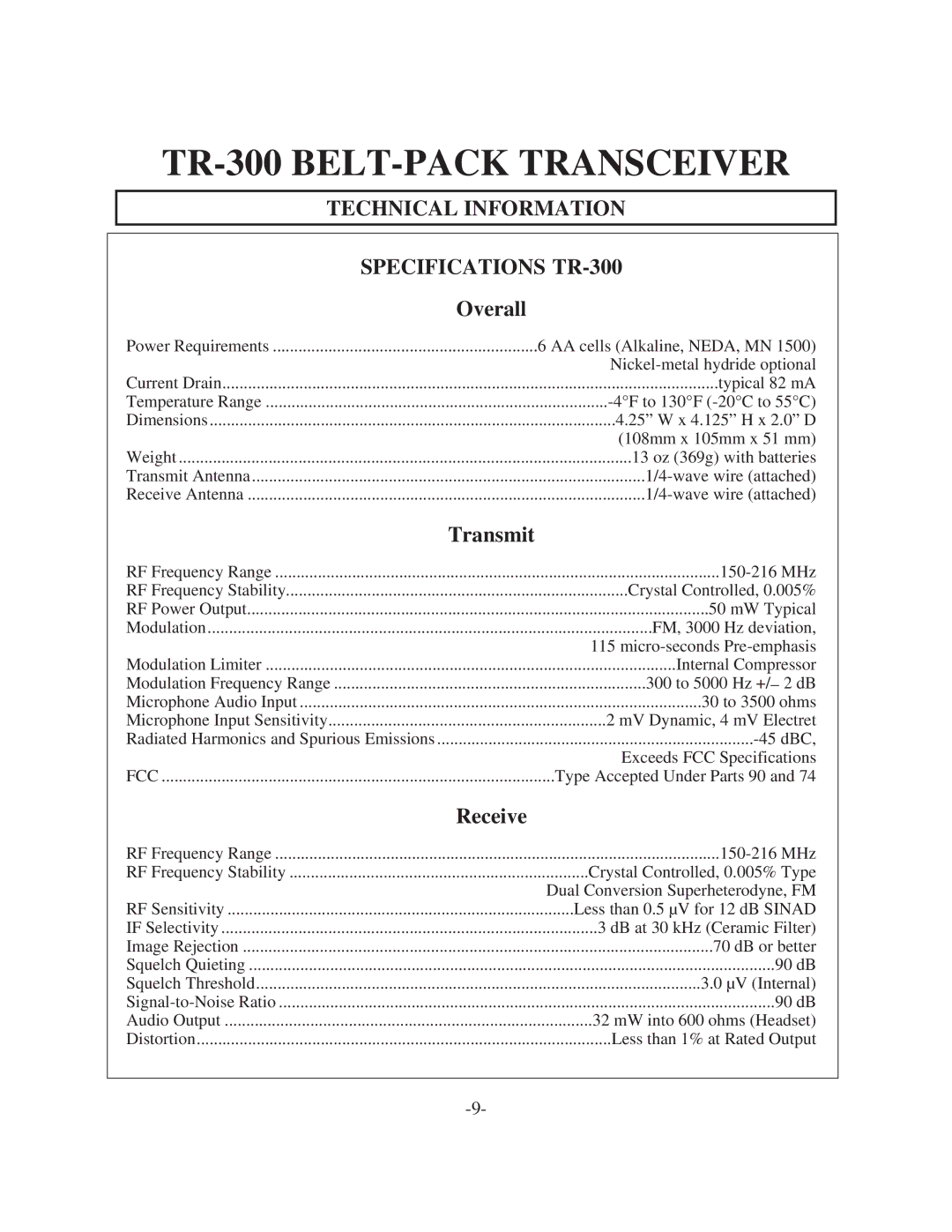 Telex BTR-300 operating instructions TR-300 BELT-PACK Transceiver, Technical Information Specifications TR-300 