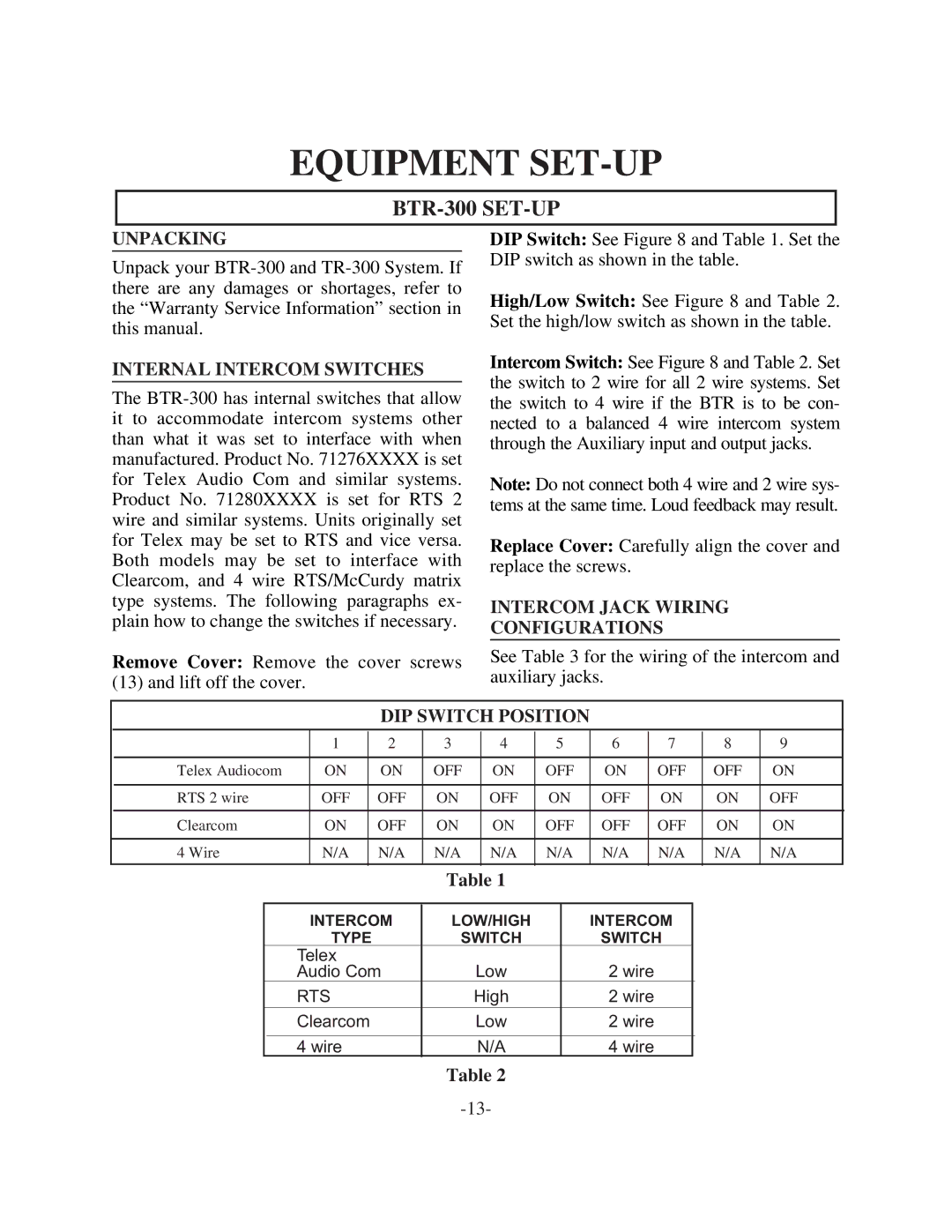 Telex operating instructions Equipment SET-UP, BTR-300 SET-UP 