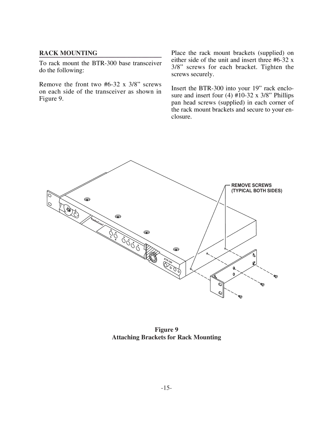 Telex BTR-300 operating instructions Attaching Brackets for Rack Mounting 