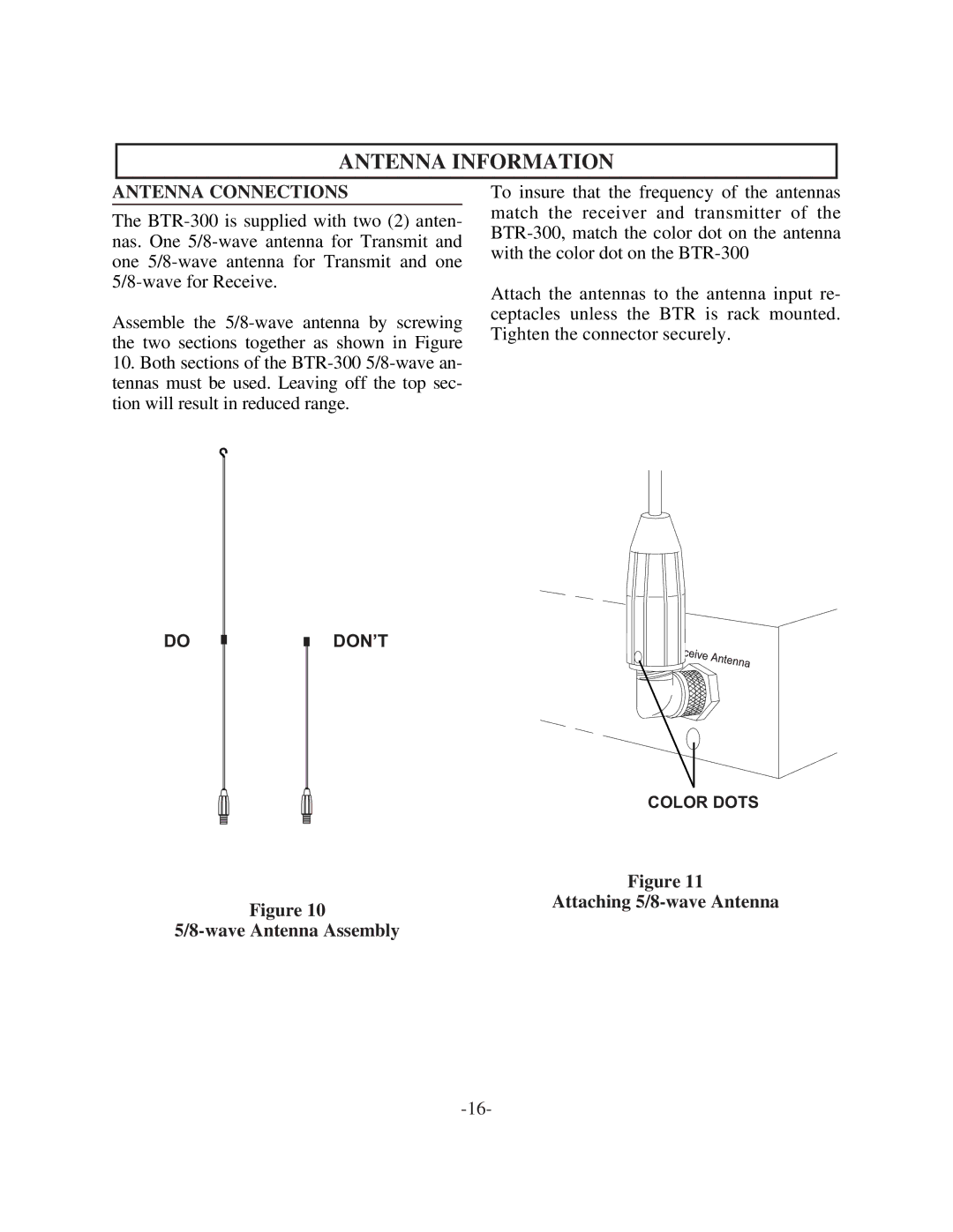 Telex BTR-300 Antenna Information, Antenna Connections, Attaching 5/8-wave Antenna Wave Antenna Assembly 