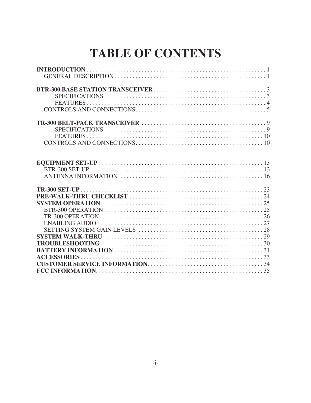 Telex BTR-300 operating instructions Table of Contents 