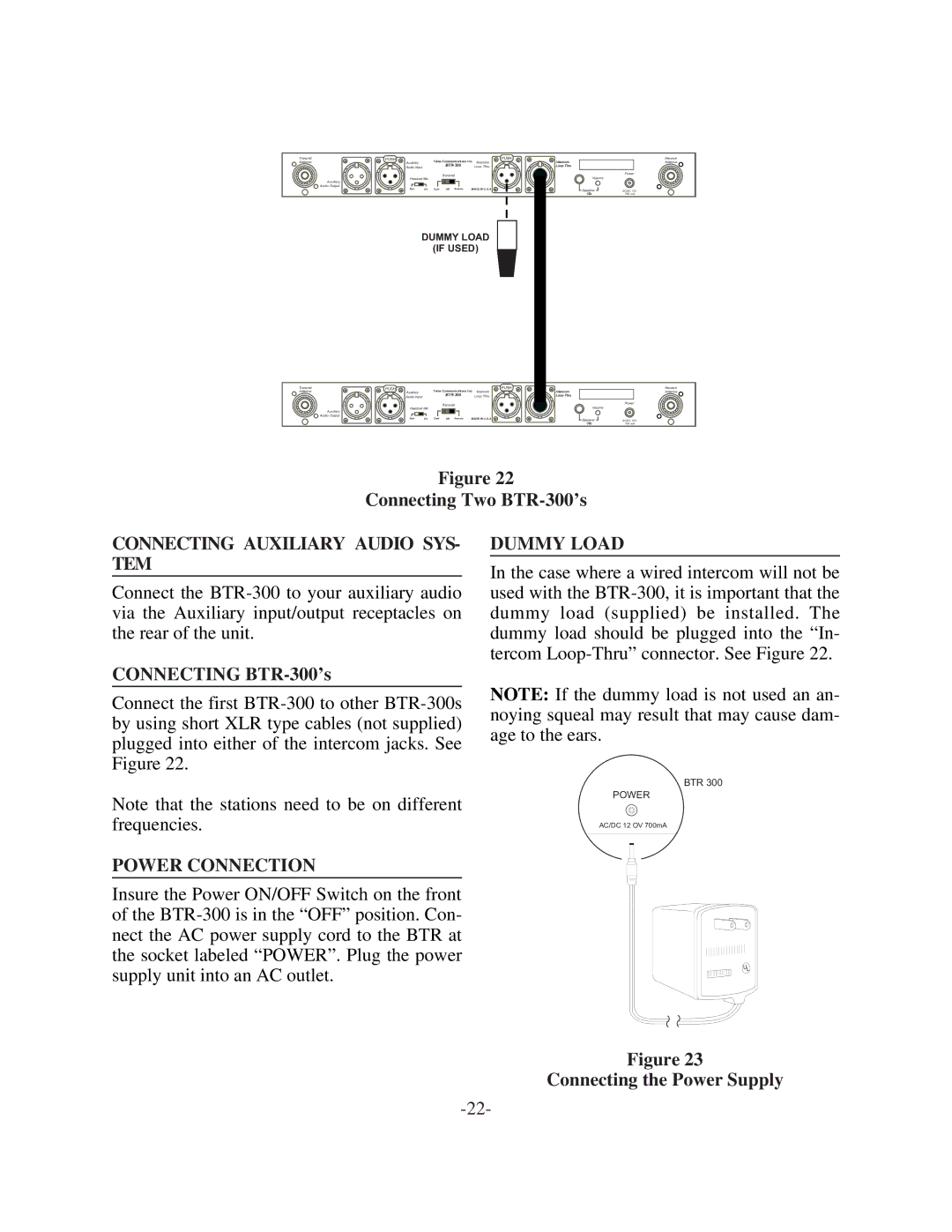 Telex BTR-300 operating instructions Connecting Auxiliary Audio SYS- TEM, Dummy Load, Power Connection 