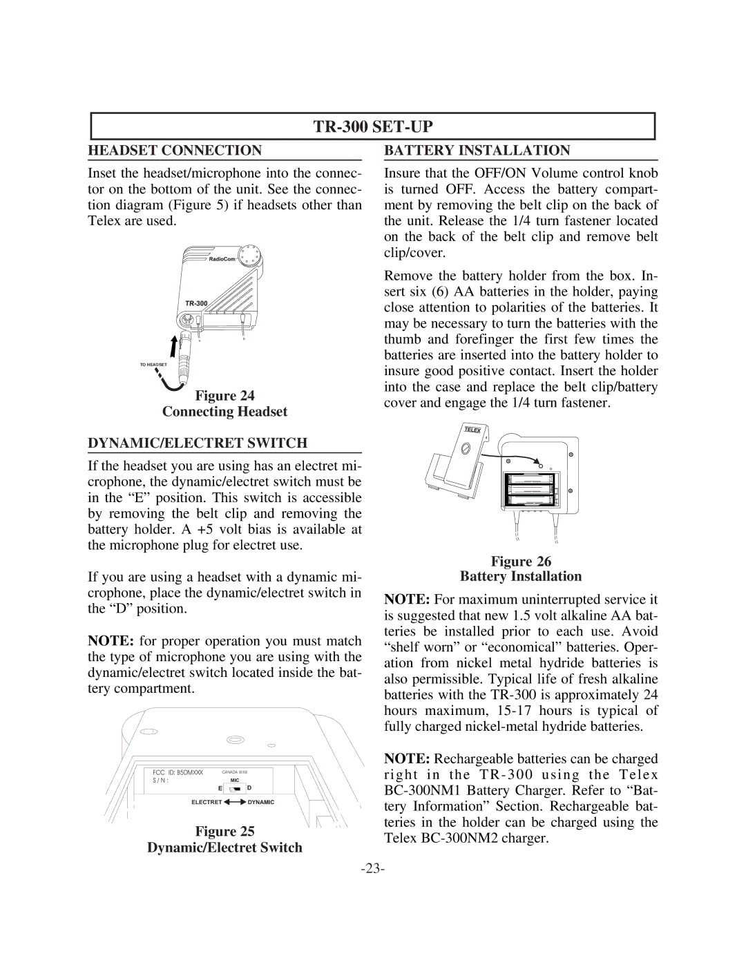 Telex BTR-300 operating instructions TR-300 SET-UP, Headset Connection, DYNAMIC/ELECTRET Switch, Battery Installation 