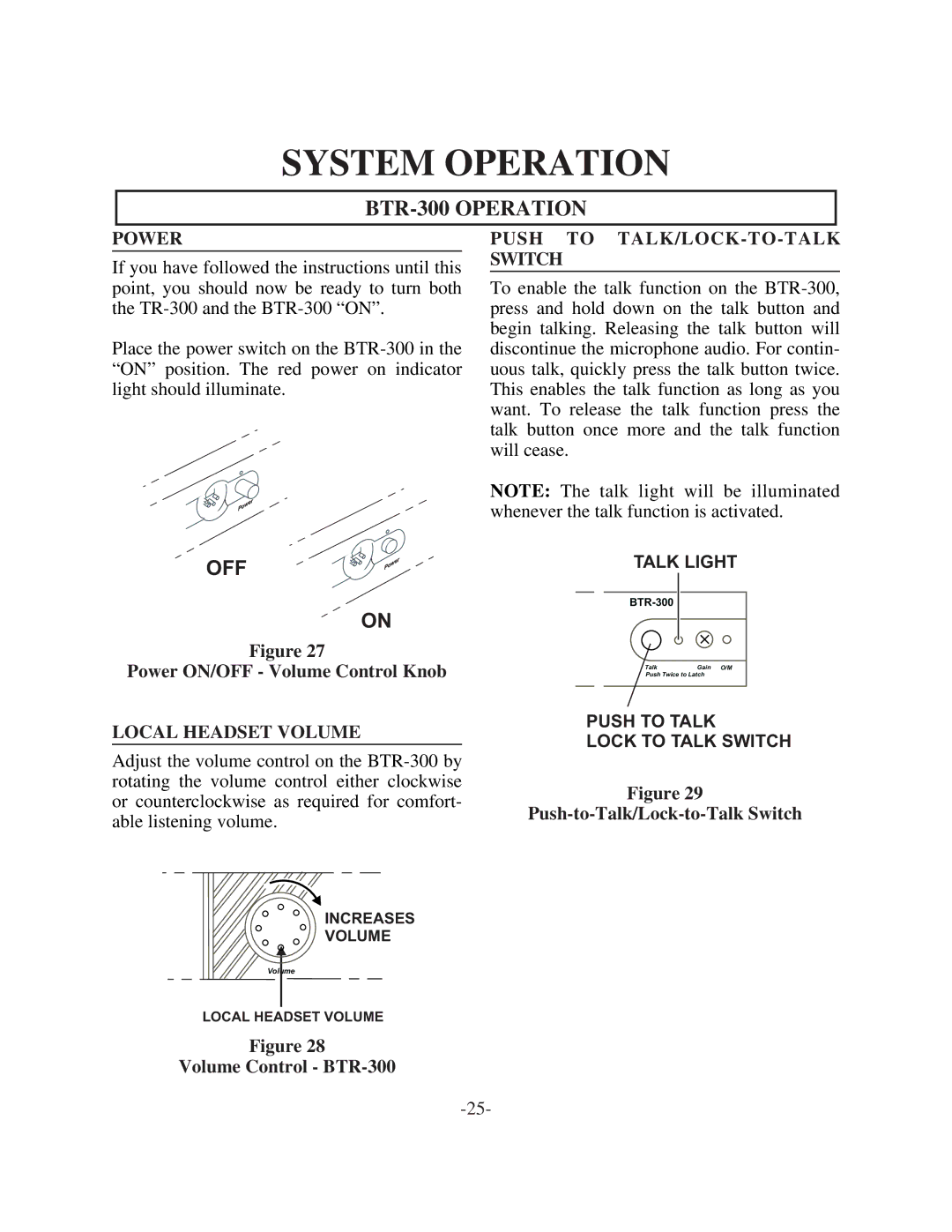 Telex System Operation, BTR-300 Operation, Power, Local Headset Volume, Push to TALK/LOCK-TO-TALK Switch 