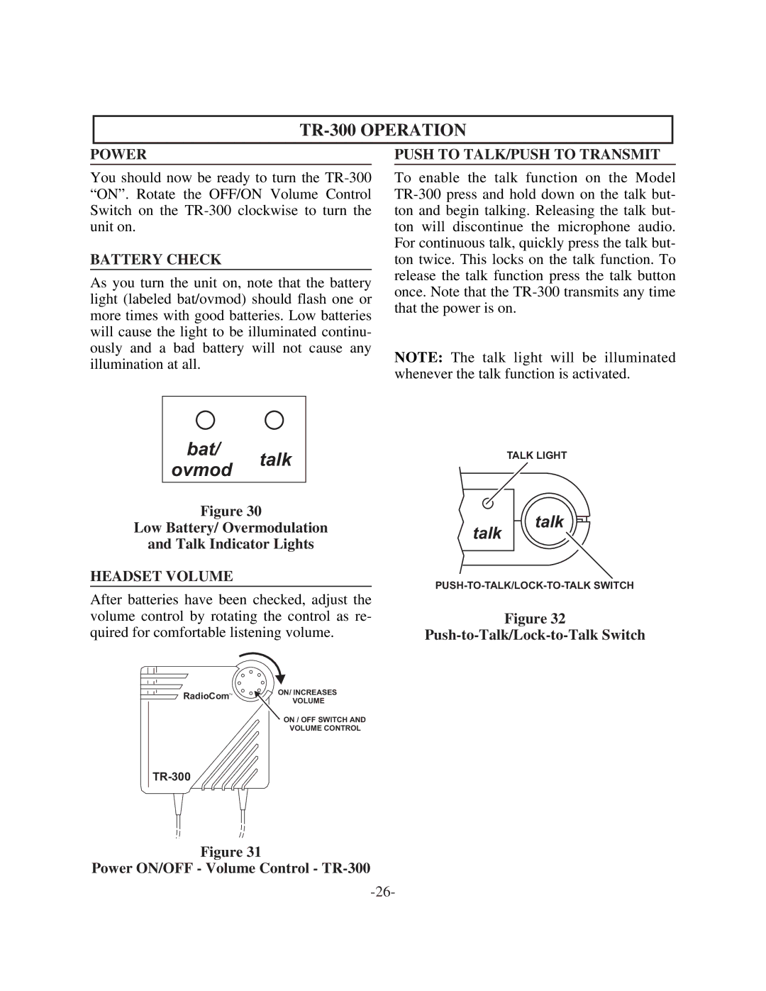 Telex TR-300 Operation, Battery Check, Push to TALK/PUSH to Transmit, Low Battery/ Overmodulation Talk Indicator Lights 
