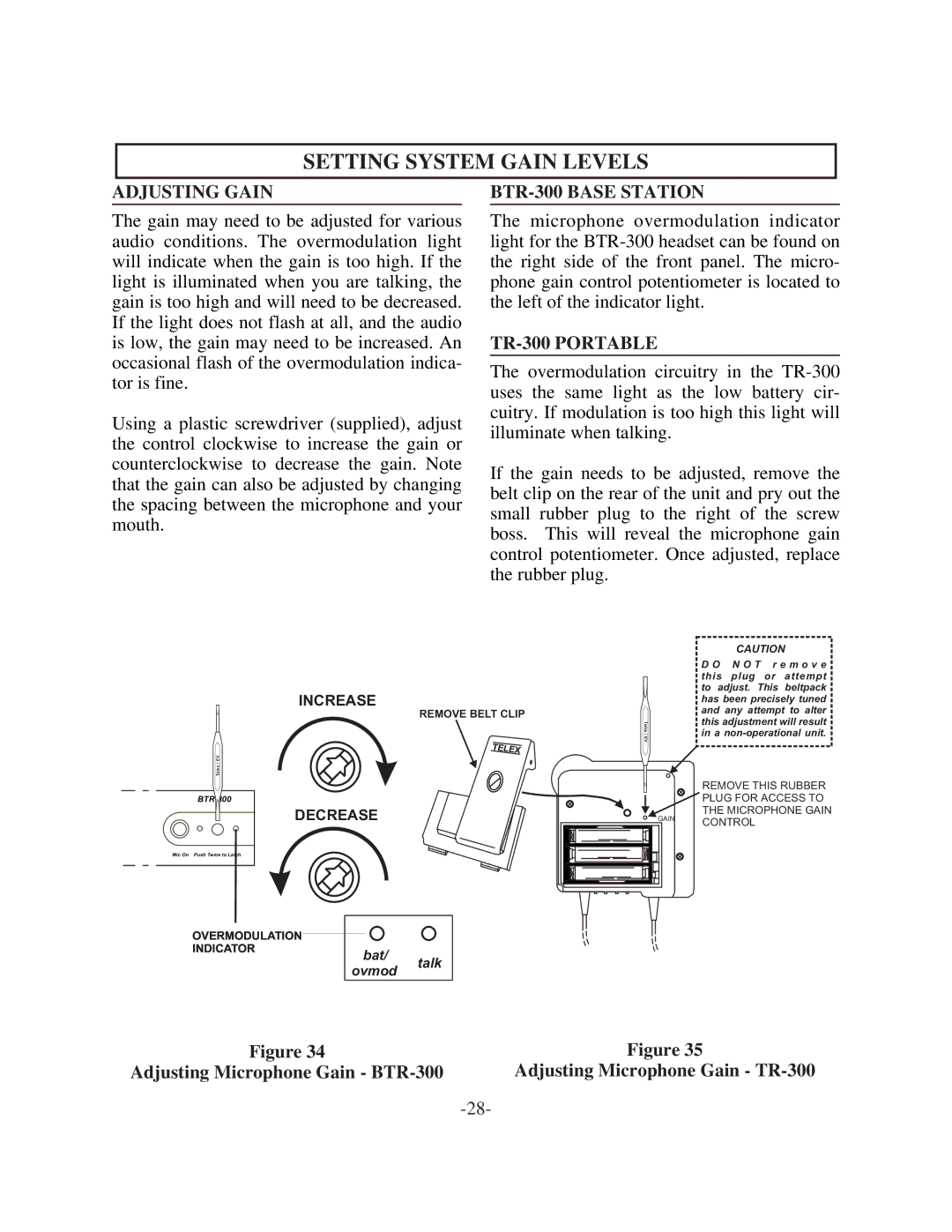 Telex operating instructions Setting System Gain Levels, Adjusting Gain, BTR-300 Base Station, TR-300 Portable 