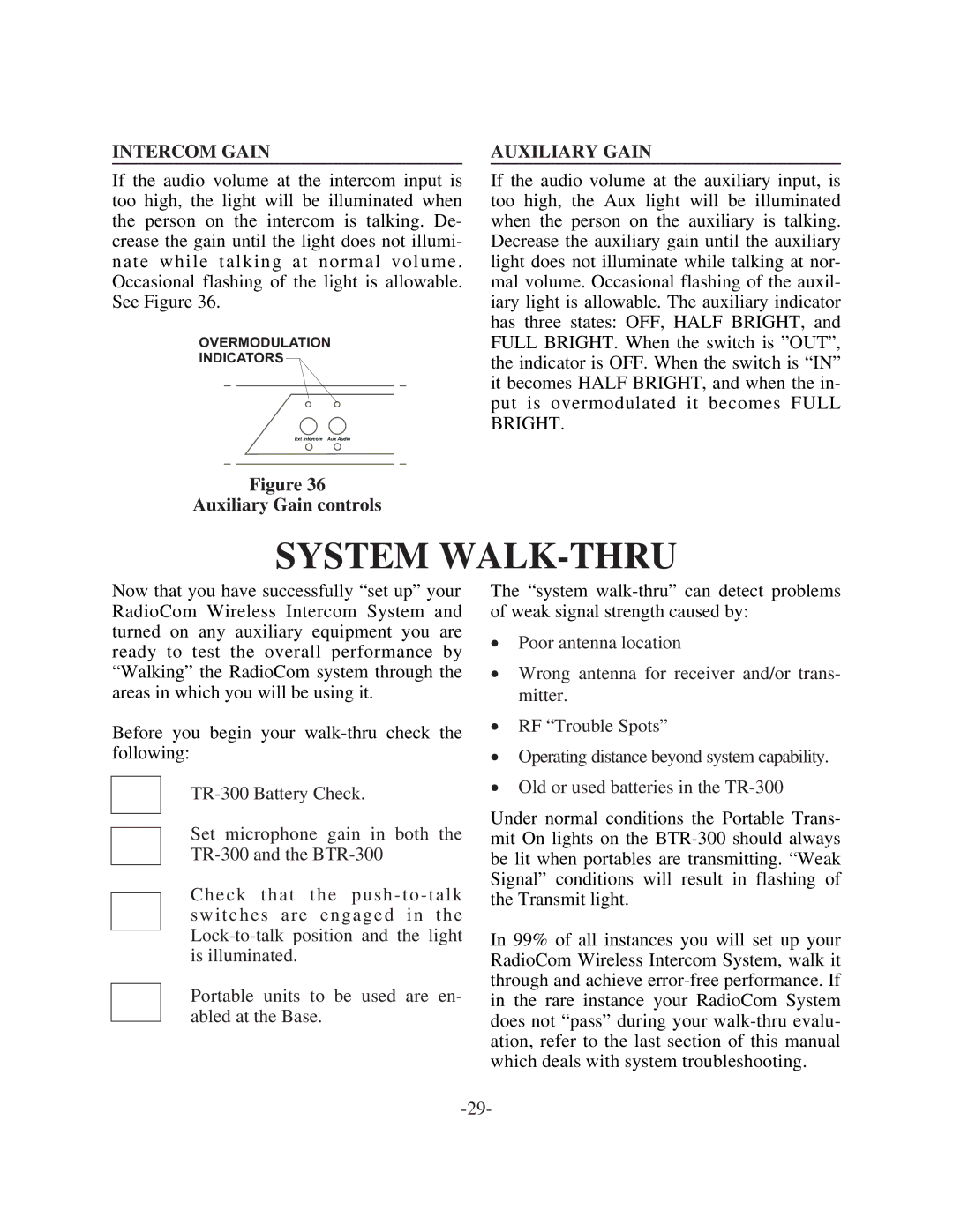 Telex BTR-300 operating instructions System WALK-THRU, Intercom Gain, Auxiliary Gain controls 