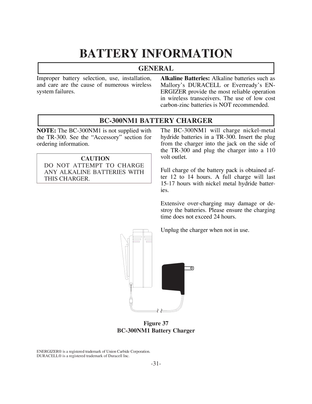 Telex BTR-300 operating instructions Battery Information, General, BC-300NM1 Battery Charger 