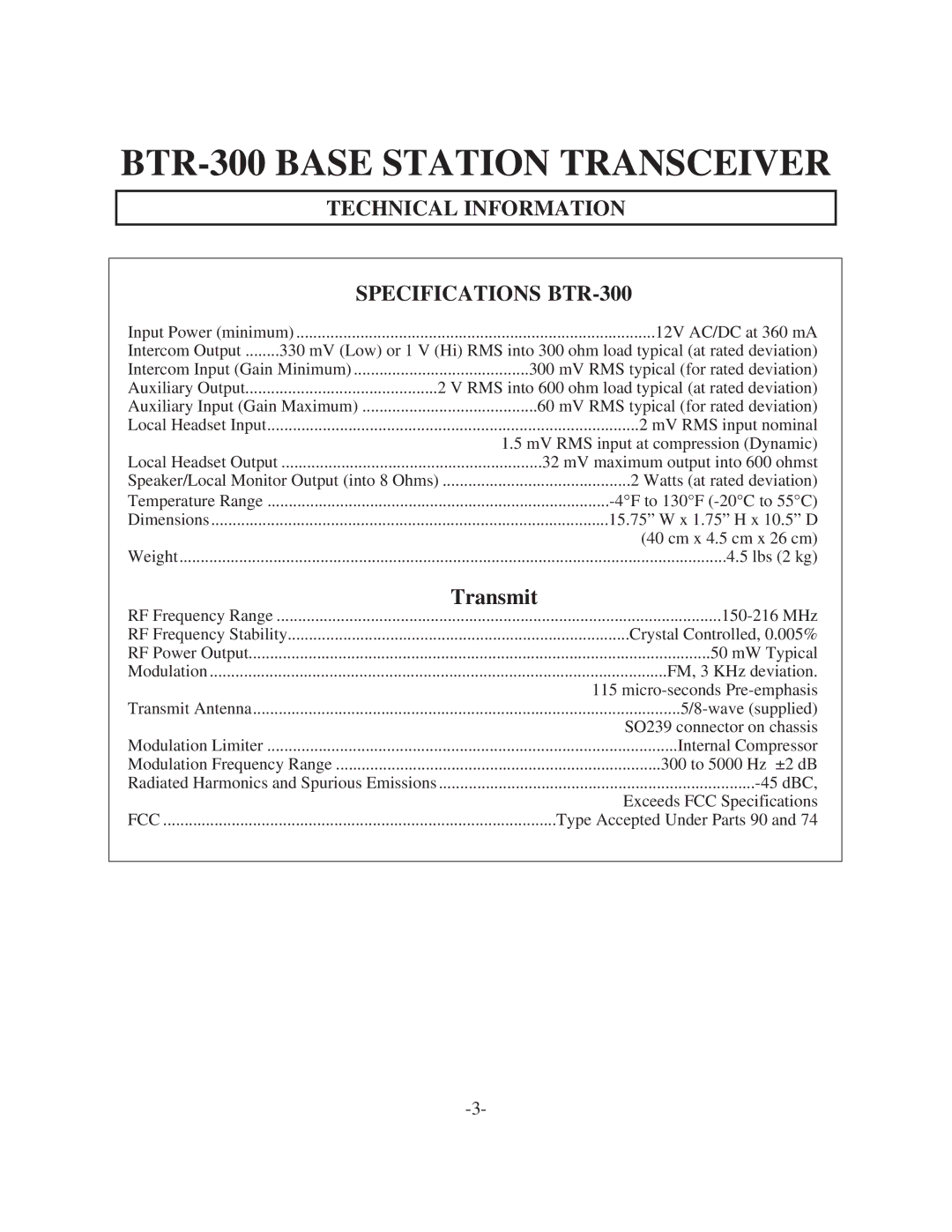 Telex operating instructions BTR-300 Base Station Transceiver, Technical Information Specifications BTR-300 