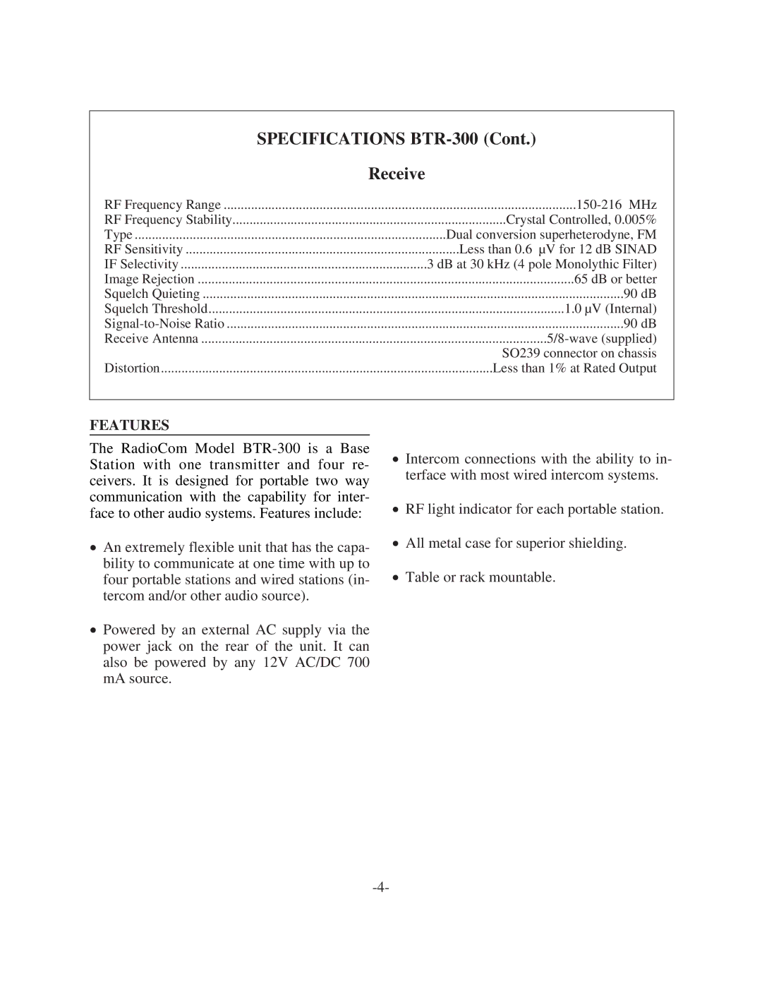 Telex BTR-300 operating instructions Receive, Features 