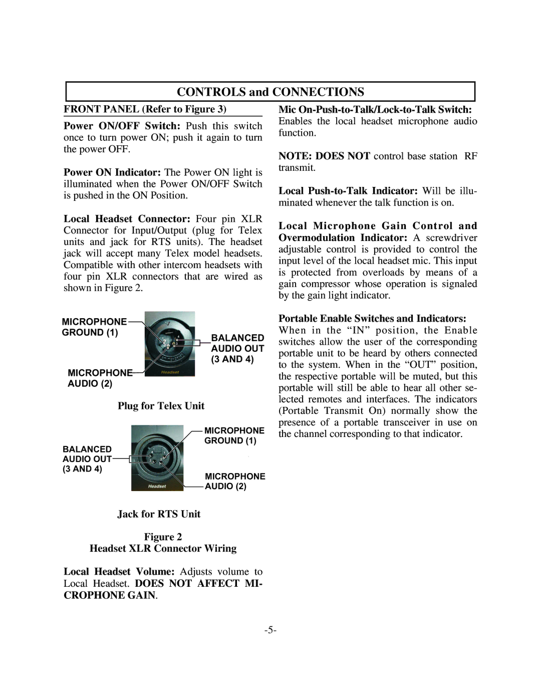 Telex BTR-300 Front Panel Refer to Figure, Portable Enable Switches and Indicators, Plug for Telex Unit, Crophone Gain 