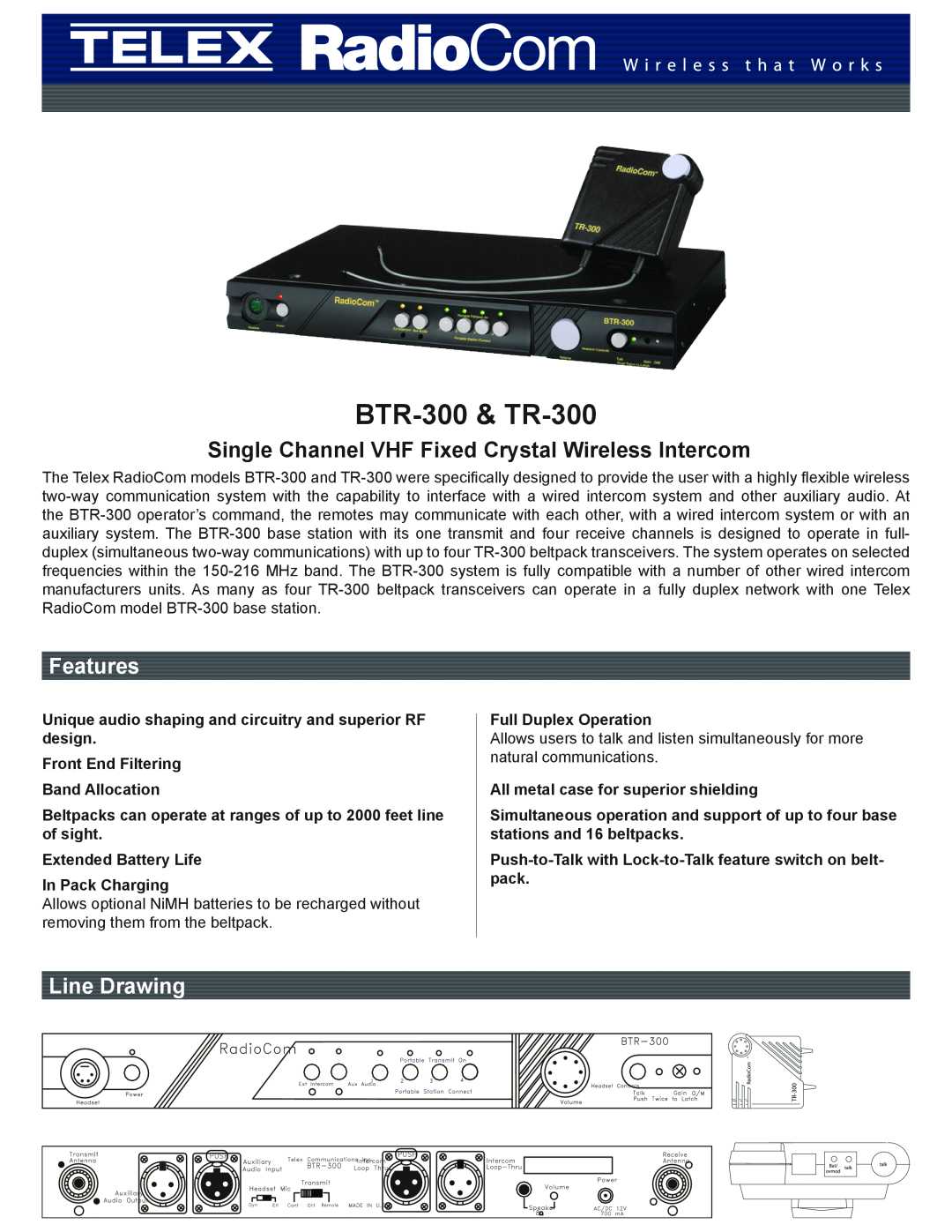 Telex manual BTR-300 & TR-300, Single Channel VHF Fixed Crystal Wireless Intercom, Features, Line Drawing 