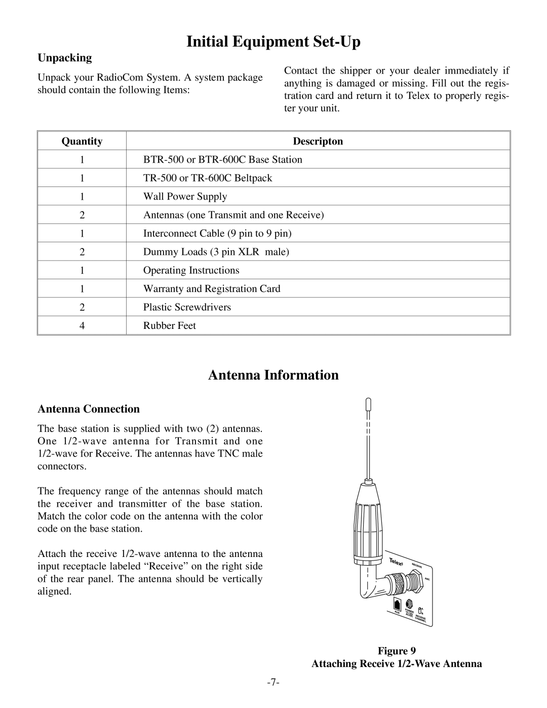 Telex BTR-500/600C operating instructions Initial Equipment Set-Up, Unpacking, Antenna Connection, Quantity Descripton 