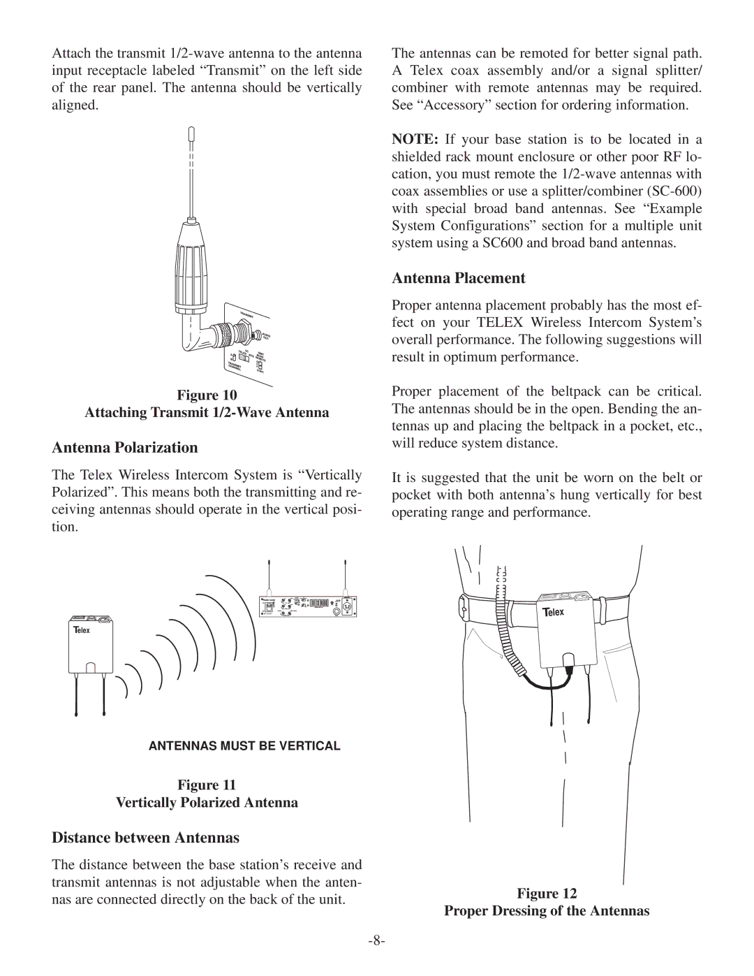 Telex BTR-500/600C operating instructions Antenna Polarization, Antenna Placement, Distance between Antennas 