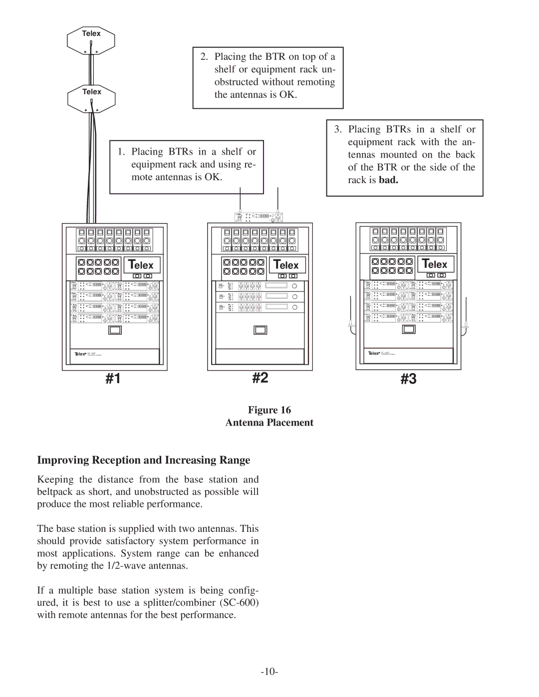 Telex BTR-500/600C operating instructions Improving Reception and Increasing Range, Antenna Placement 