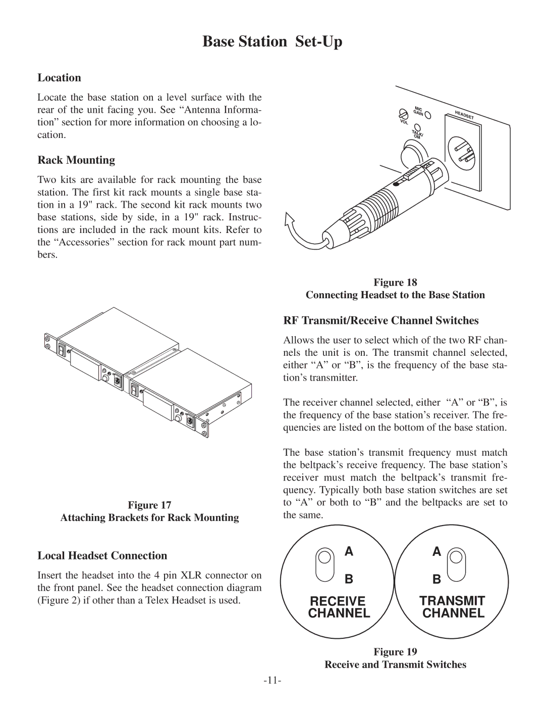 Telex BTR-500/600C Base Station Set-Up, Location, Rack Mounting, RF Transmit/Receive Channel Switches 