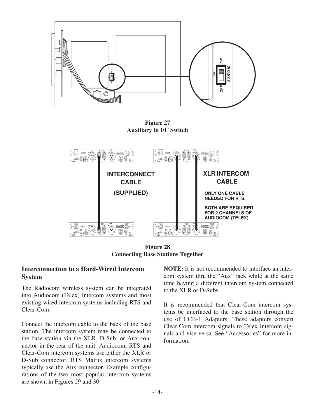 Telex BTR-500/600C operating instructions Interconnection to a Hard-Wired Intercom System, Auxiliary to I/C Switch 