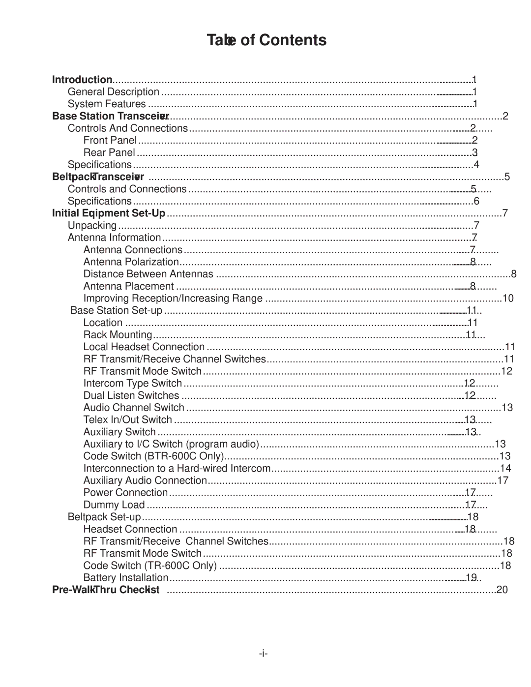 Telex BTR-500/600C operating instructions Table of Contents 