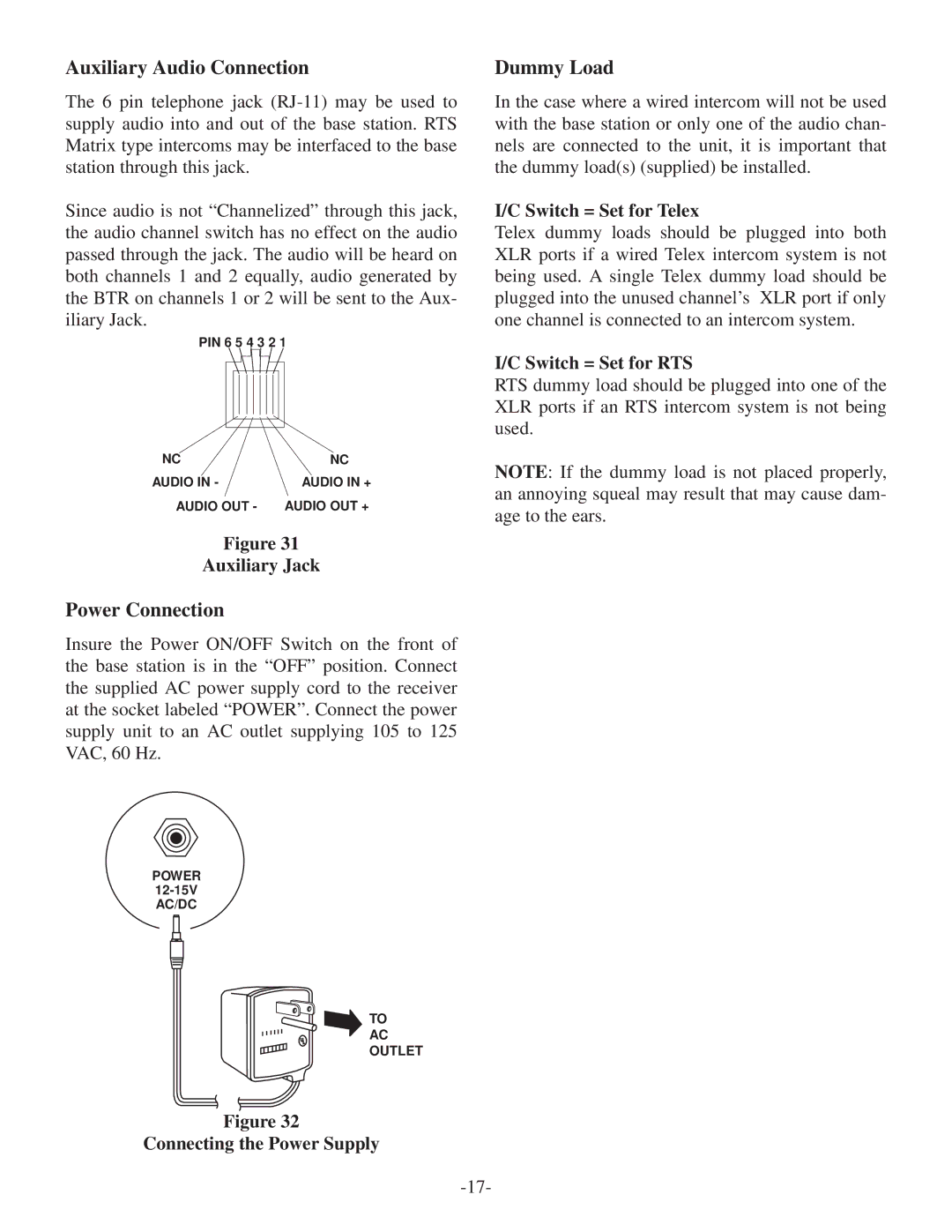 Telex BTR-500/600C operating instructions Auxiliary Audio Connection, Dummy Load, Power Connection 