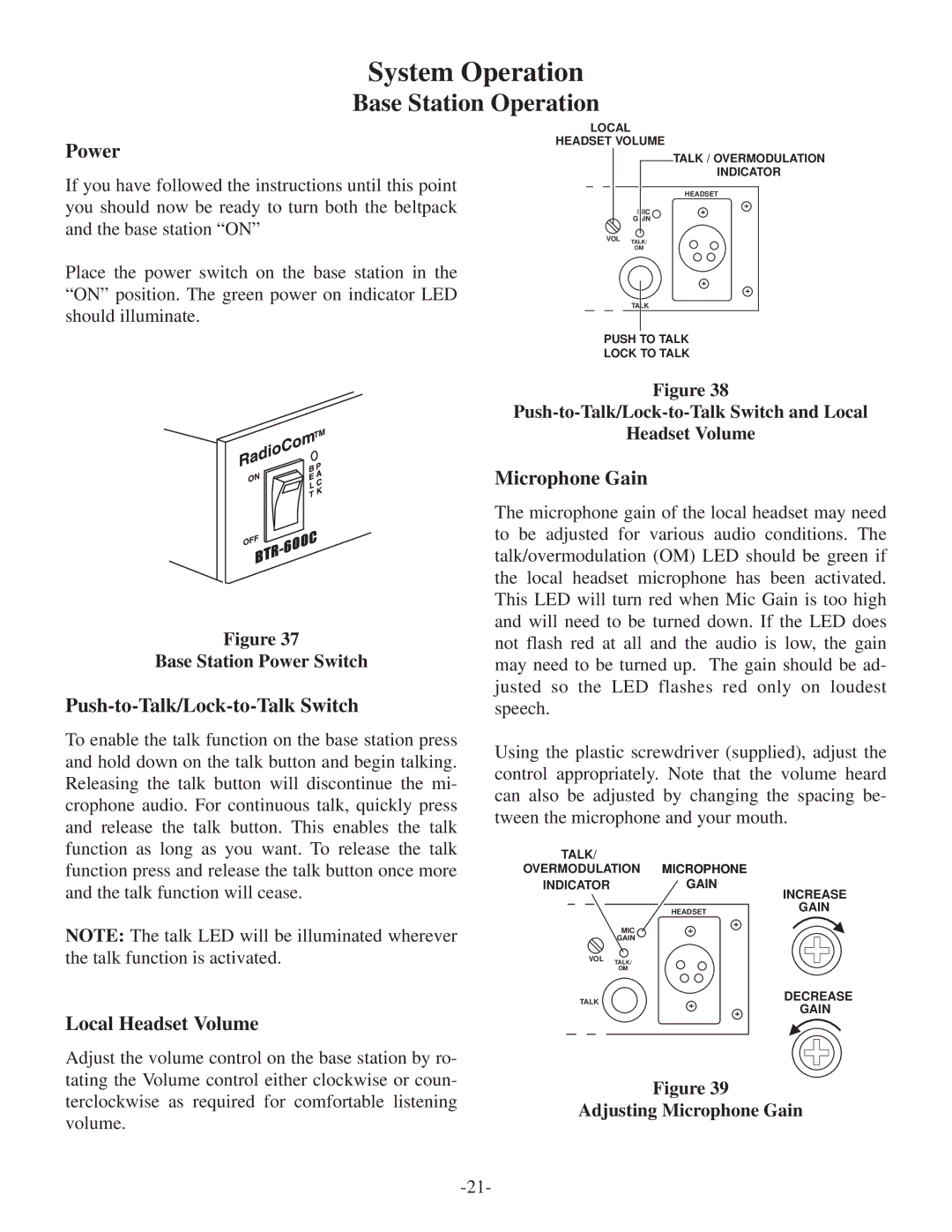 Telex TR-500/600C System Operation, Power, Push-to-Talk/Lock-to-Talk Switch, Local Headset Volume, Microphone Gain 